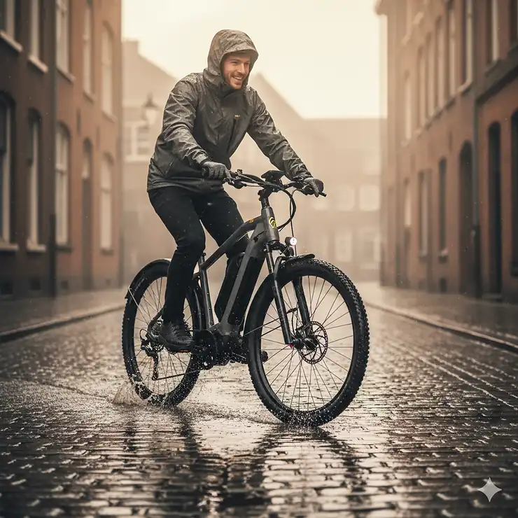 High-performance waterproof electric bike being ridden confidently through a wet street, highlighting its all-weather capability.
