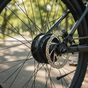 Close-up of the rear wheel hub motor and disc brake on a powerful 20-inch electric bike.