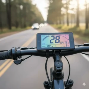 Rider's view of the 24 inch electric bike's color LCD display showing speed and battery level