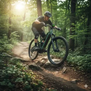 Full-suspension 24 inch electric mountain bike being ridden on a steep, rocky trail