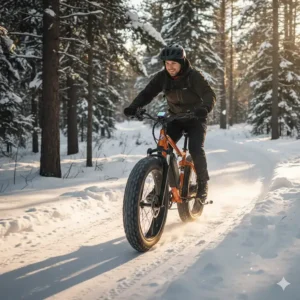 A rugged 24 inch fat tire electric bike being ridden on a snow-covered trail