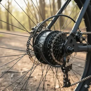 Close-up of the 250W rear hub motor assembly on a 24 inch electric bike's back wheel