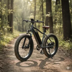 A powerful dark grey 26 inch electric bike with front suspension and fat tires parked on a dirt trail.