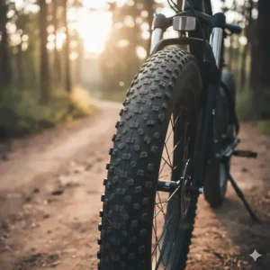 The robust 26-inch fat tire and adjustable front suspension fork of an all-terrain electric bike.
