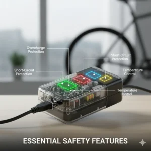 Diagram highlighting essential safety features of a 36v battery charger, like overcharge protection.