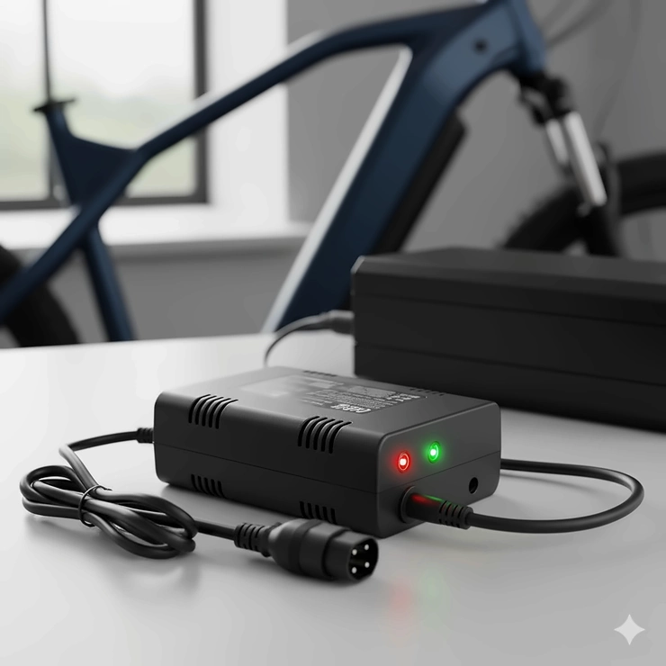 High-quality 36v battery charger for electric bike with indicator lights and a durable casing.