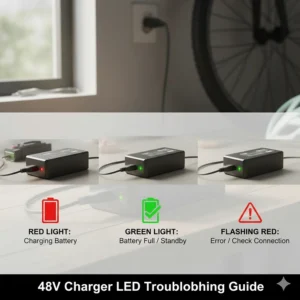 Quick visual guide for 48V charger LED lights to troubleshoot charging issues on your e-bike.