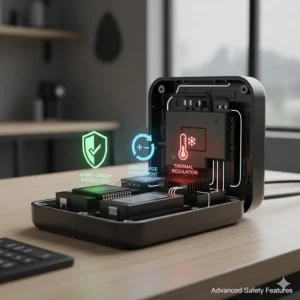 Diagram showing the advanced safety features of the 48V ebike charger, including overcharge protection.
