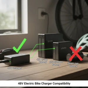 Compatibility chart showing which battery types work best with this 48 volt electric bike charger.