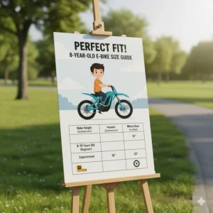 Size chart and guide for choosing the perfect electric bike for an 8 year old boy.