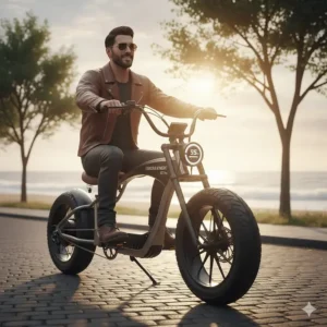 An adult rider enjoying a smooth cruise on a powerful electric chopper bike down a scenic road.