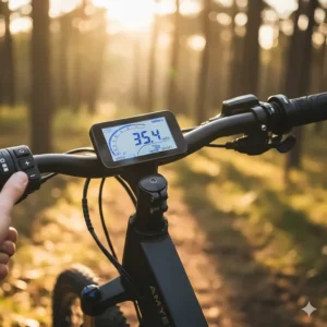 Smart LCD display and handlebar controls on the AMYET electric bike, showing speed and battery level.