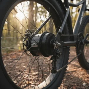 Close-up view of the powerful brushless motor on the rear wheel of the AMYET electric bike.
