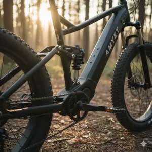 Detail of the hydraulic full suspension system on the AMYET S8 electric bike for a smooth ride.