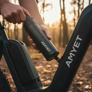 Removable 48V battery pack providing long-range power for the AMYET ebike.