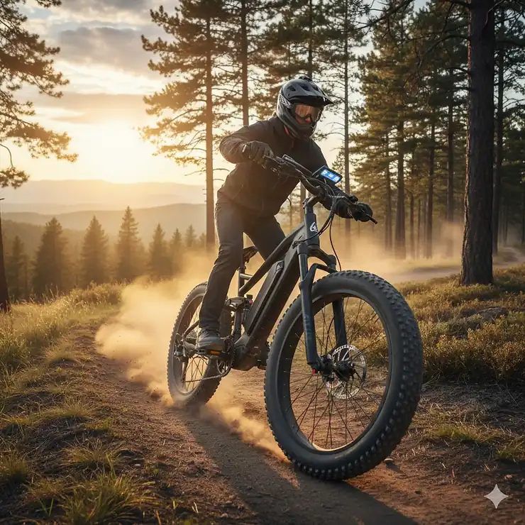 AMYET S8 electric bike with dual motors and fat tires tackling a dirt trail, demonstrating powerful off-road capability.
