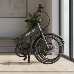 The AMYET foldable electric bike model shown in its compact, folded position for easy storage.