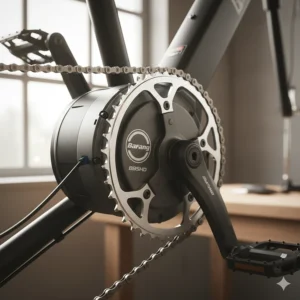 Close-up view of a high-power Bafang mid drive kit, specifically the BBSHD model, with the motor housing and crank arms.