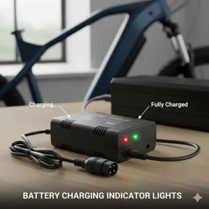 Visual guide explaining the meaning of the status indicator lights on a 36v battery charger for electric bike.