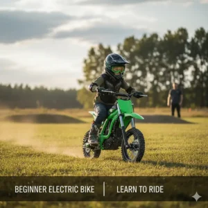 A beginner rider practicing on a small, yet powerful electric dirt bike model.