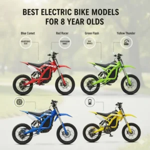 Comparison of the best electric bike models for an 8 year old boy, showcasing different colors and styles.