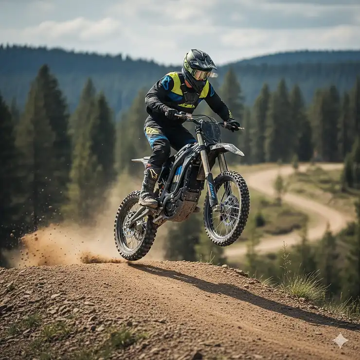 A rider on the best electric dirt bike soaring over a dirt track.