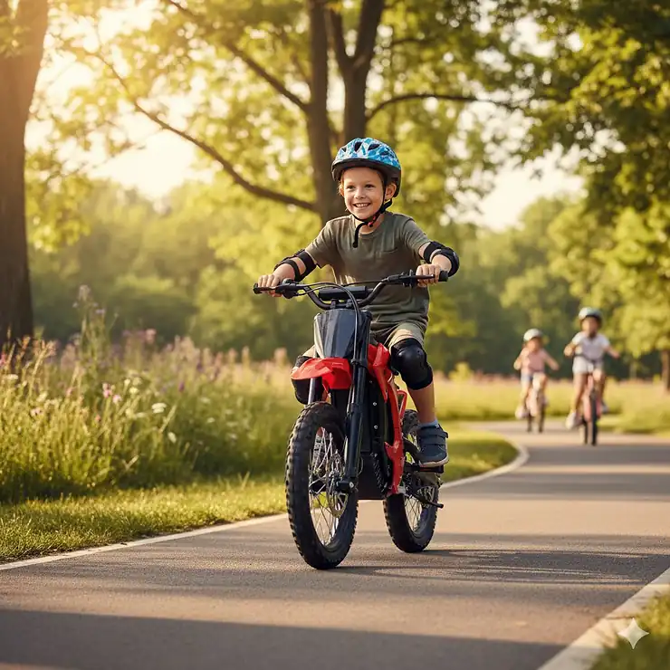 Kids electric bike on a paved trail, showing a happy child wearing a helmet and safely riding the best kids e-bike model. kids electric bikes