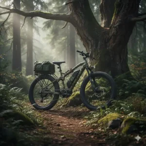Camouflaged electric bike for hunting parked discretely near a tree stand for a morning hunt.