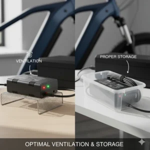 Illustration demonstrating the best practices for ventilation while using the 36v battery charger and proper storage.
