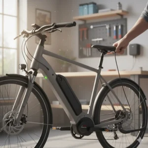 Illustration showing an electric bike with the charger cable connected directly to the charging port on the bike's frame.