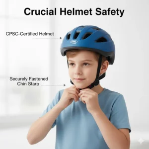 Close-up of a 10-year-old securing a CPSC-certified helmet, emphasizing the crucial safety gear required for riding electric bikes.