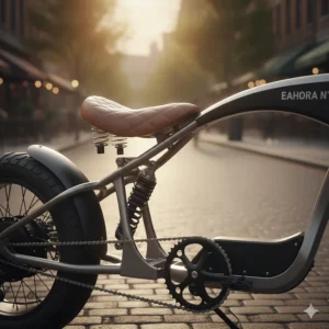 The large, comfortable seat and dual suspension of an electric chopper bike designed for long rides.