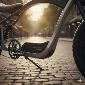 Close-up of the long-range lithium-ion battery pack on an electric chopper bike for adults.