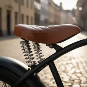 Detailed image of the oversized, spring-loaded seat designed for maximum comfort on a long-range electric chopper bike.