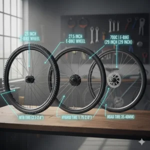 Chart or visual depicting the three most common electric bike wheel sizes, such as 26-inch, 27.5-inch, and 700c.