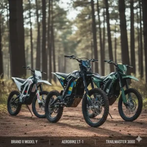 Side-by-side comparison of three different best electric dirt bikes for trail riding.