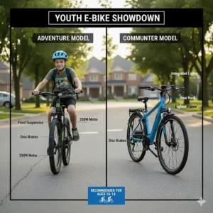 Comparison graphic of two different models of electric bikes for a 12 year old, showcasing key features.