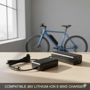 Image of a compact and compatible 36v lithium-ion battery charger suitable for various ebike models.