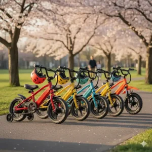 A collection of colorful toddler electric bikes showing various available models and sizes.