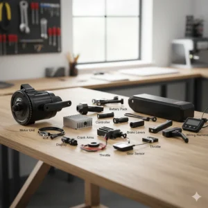 Lay out of all the components included in a typical DIY mid drive electric bike conversion kit, including the motor, controller, battery, and display.