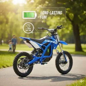 Diagram showing the long-lasting battery life of a kid's electric bike, ready for hours of fun.