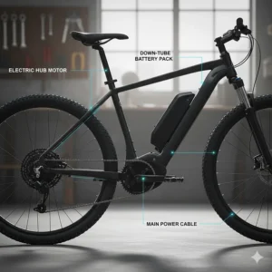 Illustration of a mountain-style electric bike showing the relationship between the wheel motor and the down-tube battery pack.