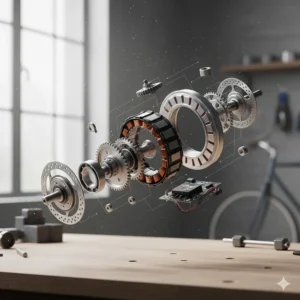 Exploded technical illustration of a direct-drive electric bike wheel hub motor showing all internal components.
