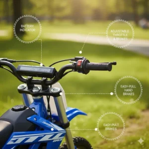 Close-up view of the easy-to-use throttle and reliable brakes on a kid's electric bike.