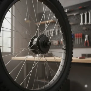 Close-up diagram demonstrating the cross-three spoke lacing pattern specific to a heavy-duty electric bike wheel.