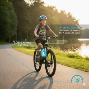 Icon or illustration representing the long-lasting battery life and range of a 12-year-old's electric bike.