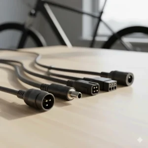 Close-up showing common electric bike battery charger plug and connector types.