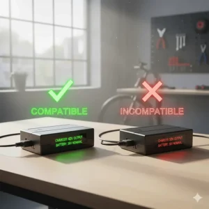Visual comparison showing the importance of matching the charger's voltage (e.g., 42V output) to the electric bike battery's nominal voltage (e.g., 36V).