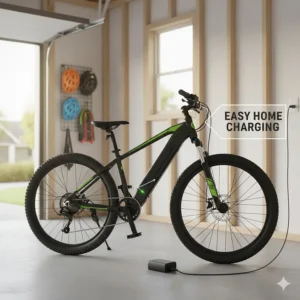 Illustration of the electric bike being plugged in to charge at home.