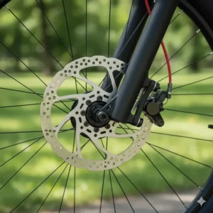 Close-up shot of the reliable disc brakes on a high-quality electric bike for children.